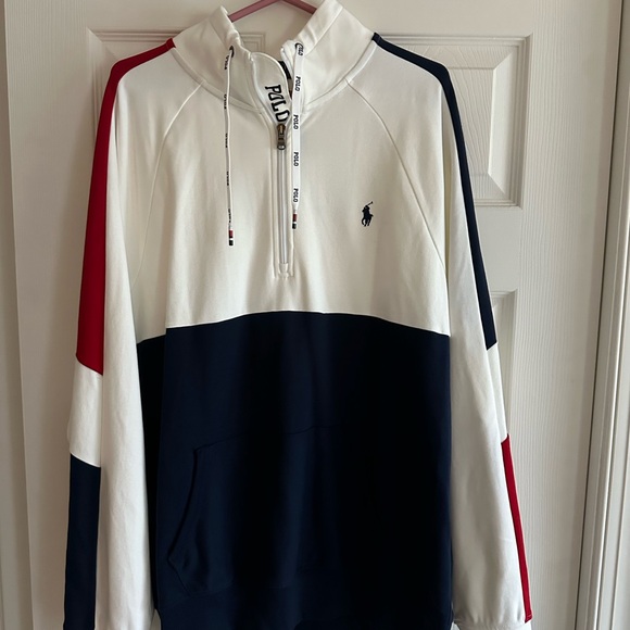 Polo Ralph Lauren Color Block 1/4 zip soft cotton sweater with kangaroo pocket